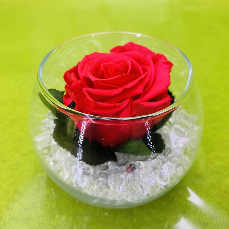 Vase boule en verre, billes d'eau, Leds roses et marguerites.