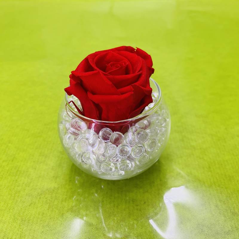 Mini vase boule avec petit bouton de rose rouge stabilisé éternel. | FLOR'M  by Nico Fleur