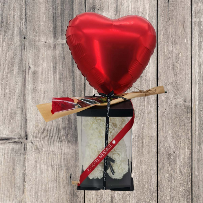 Coffret St Valentin ourson blanc & rose naturelle